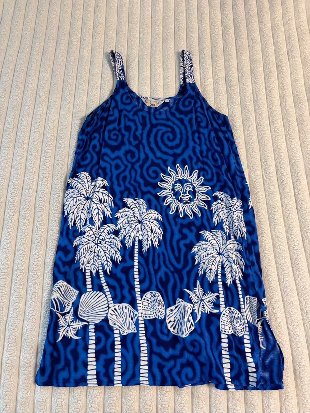 Cabali Hawaiian tropical trippy Sun Motif Mini Dress women’s medium blue white